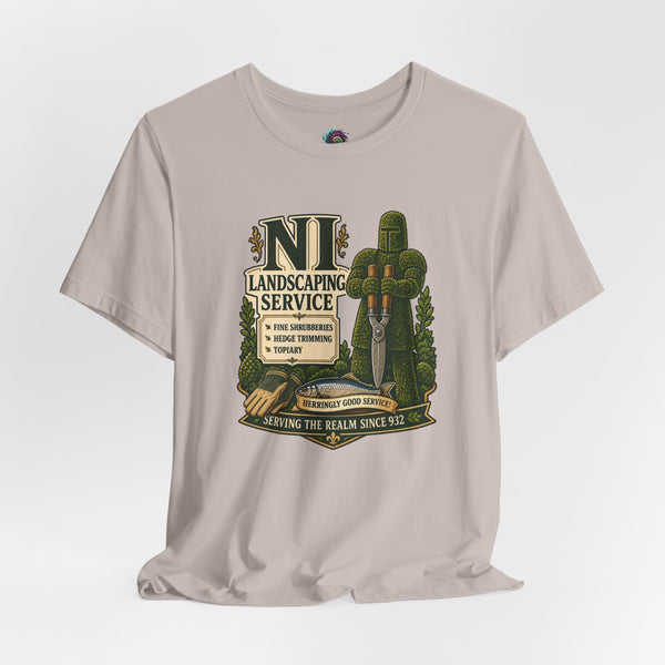 Taupe crewneck T-shirt with front NL landscaping service graphic print