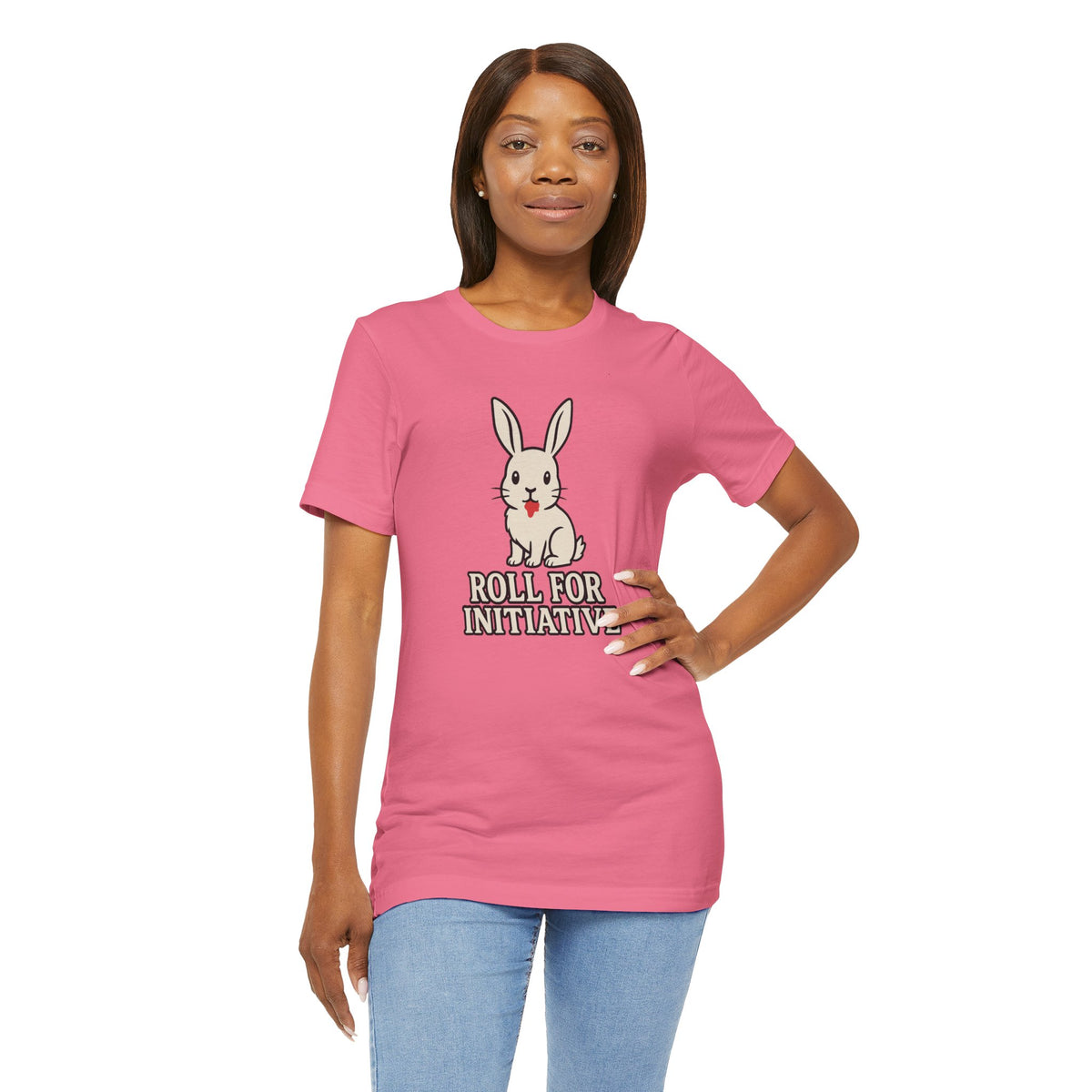 Pink T-shirt featuring bunny graphic and “Roll for Initiative” text on chest