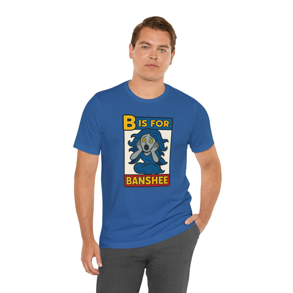 Blue crew-neck T-shirt with centered 'B is for Banshee' graphic, short sleeves
