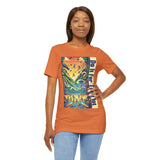 Orange crewneck T-shirt with colorful square graphic and vertical “Do it for the Plot” text