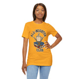 Orange crewneck T-shirt on model with All-Nighter Club coffee graphic