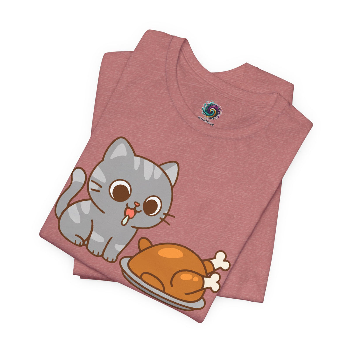 Rose pink cat and turkey graphic t-shirt with cute hungry cat illustration on front