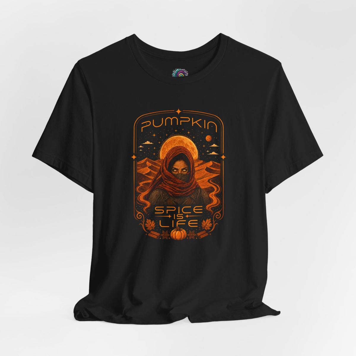 Black T-shirt with orange sci-fi pumpkin graphic print on the chest