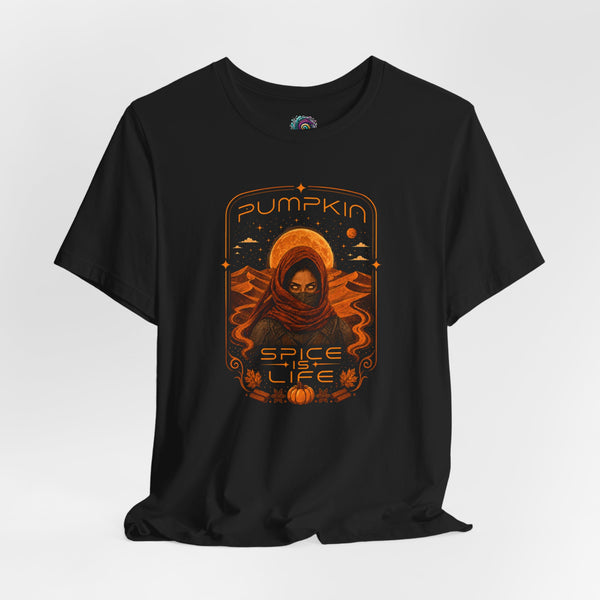 Black T-shirt with orange sci-fi pumpkin graphic print on the chest