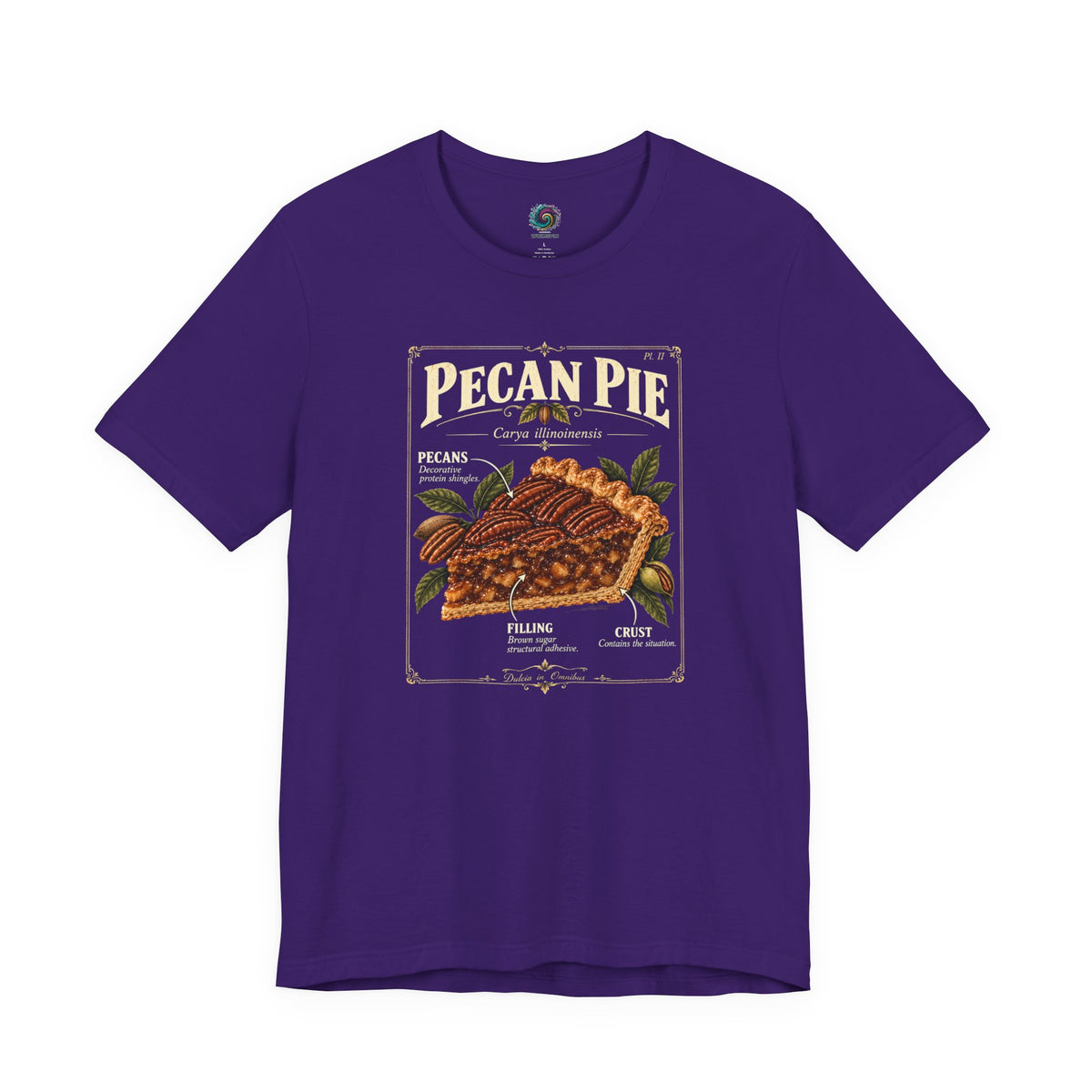 Purple pecan pie graphic T-shirt with front illustration and crew neck