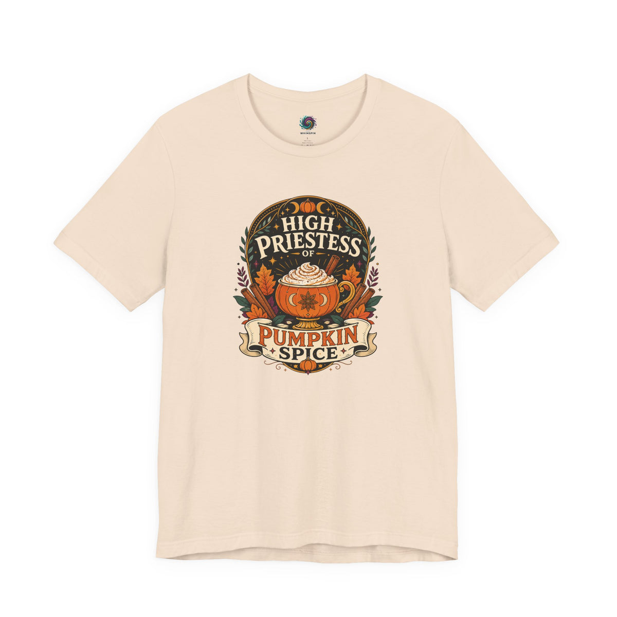 Soft cream T-shirt with “High Priestess” pumpkin spice crest graphic on the front