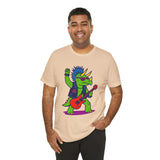 Adult tan graphic t-shirt featuring punk triceratops with red guitar, crew neck