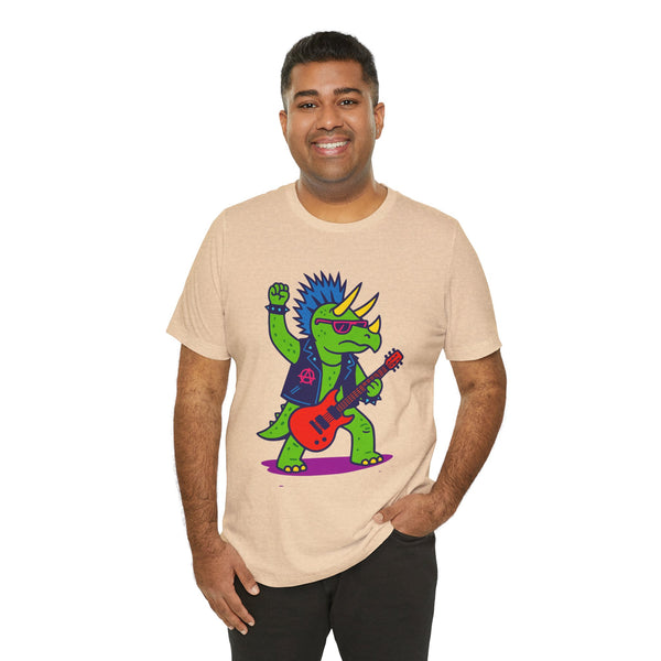 Adult tan graphic t-shirt featuring punk triceratops with red guitar, crew neck