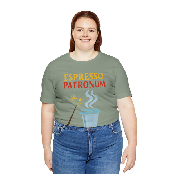 Sage green short-sleeve crewneck T-shirt with “Espresso Patronum” coffee cup print
