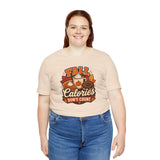 Beige crew-neck T-shirt with front 'FALL Calories DON'T COUNT' design.