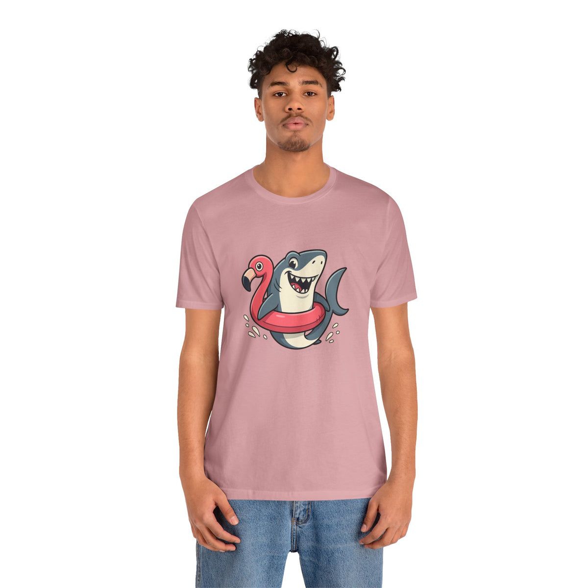 Mauve pink crew-neck T-shirt with smiling shark holding flamingo floatie print