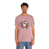 Mauve pink crew-neck T-shirt with smiling shark holding flamingo floatie print