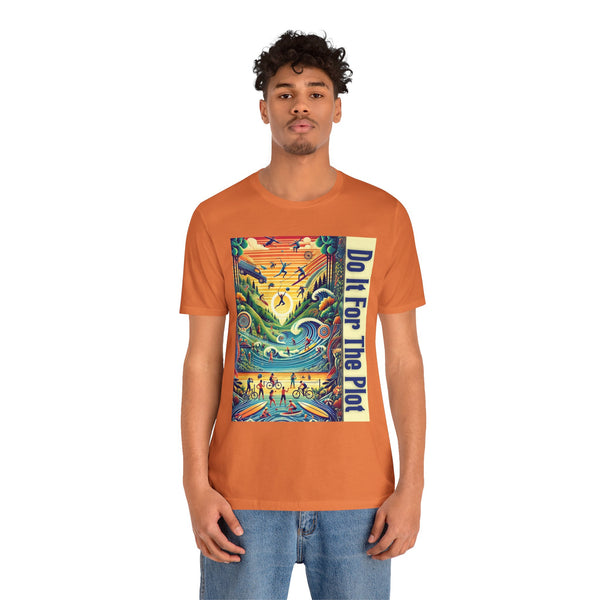 Orange crewneck T-shirt with colorful square graphic and vertical “Do it for the Plot” text