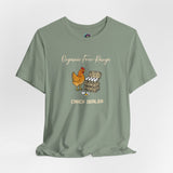 Green crew-neck graphic T-shirt with chicken-and-eggs print and “Crack dealer” text