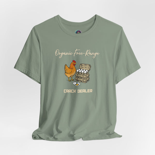 Green crew-neck graphic T-shirt with chicken-and-eggs print and “Crack dealer” text