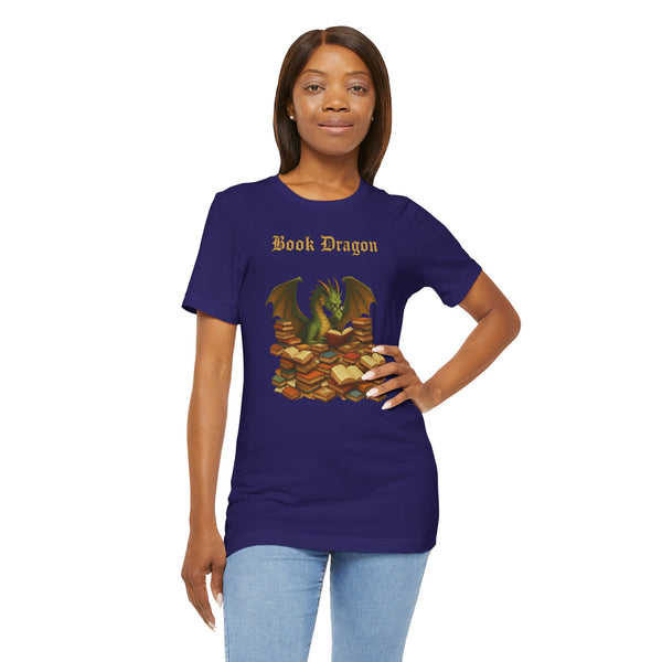 Navy women’s t-shirt with dragon and stacked books graphic, crew neck short sleeves