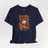Navy crewneck T-shirt with pumpkin spice coffee and leaves graphic on the front