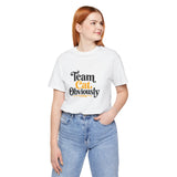 White crew-neck t-shirt with “Team Cat Obviously” cat graphic print on front