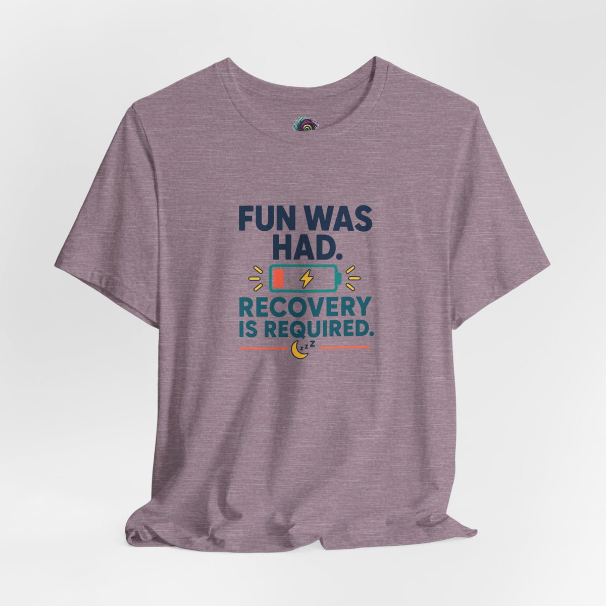 Heather purple crewneck T-shirt with “FUN WAS HAD” recovery text print