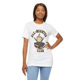White short-sleeve t-shirt with “All-Nighter Club” coffee and books front print