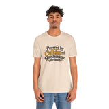 Soft cream crewneck T-shirt with coffee science slogan graphic, model front view