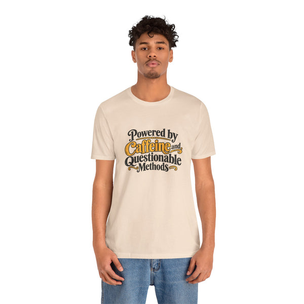 Soft cream crewneck T-shirt with coffee science slogan graphic, model front view
