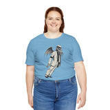 Light blue crewneck graphic t-shirt with black-and-gray winged character front print