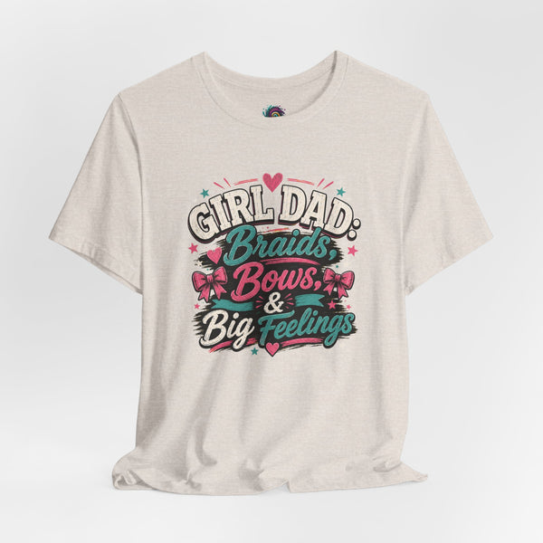 Beige heather crewneck T-shirt with 'Girl Dad' braids, bows & big feelings print