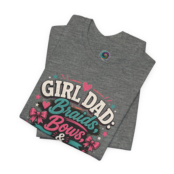 Dark heather gray t-shirt with large “Girl Dad” braids, bows & big feelings print