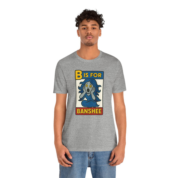 Heather gray men’s T-shirt with centered “B is for Banshee” cartoon graphic
