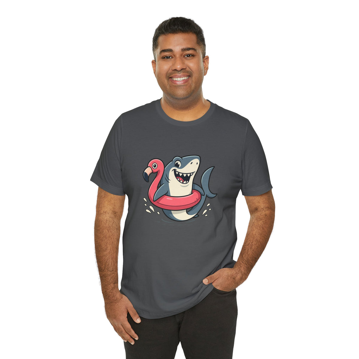 Dark gray graphic tee with cartoon shark and pink flamingo floatie centered on chest