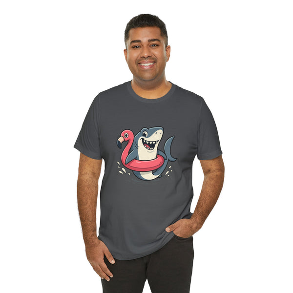 Dark gray graphic tee with cartoon shark and pink flamingo floatie centered on chest