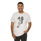 White crew-neck T-shirt with black graphic print on the front, short sleeves