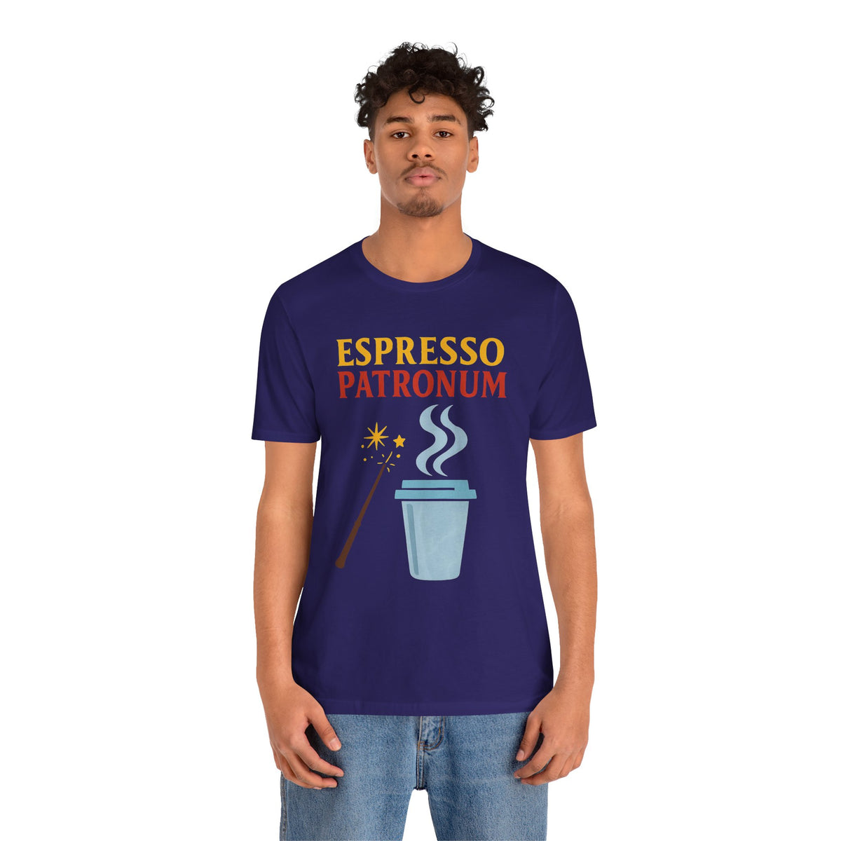 Navy t-shirt featuring “ESPRESSO PATRONUM” text and steaming coffee cup design
