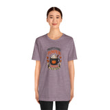 Heather mauve crewneck short-sleeve T-shirt with central pumpkin spice taster print