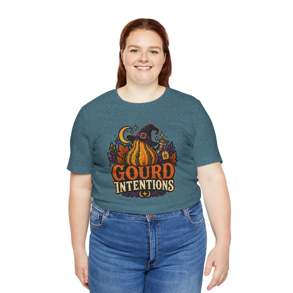 Heather deep teal crewneck t-shirt with colorful witchy pumpkin “Gourd Intentions” graphic