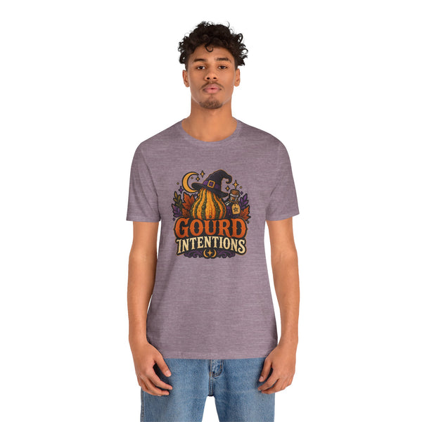 Heather purple crewneck T-shirt with witch hat and pumpkin "Gourd Intentions" graphic