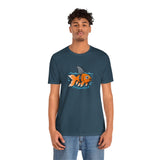 Teal short-sleeve crew-neck T-shirt with orange fish-shark graphic on front
