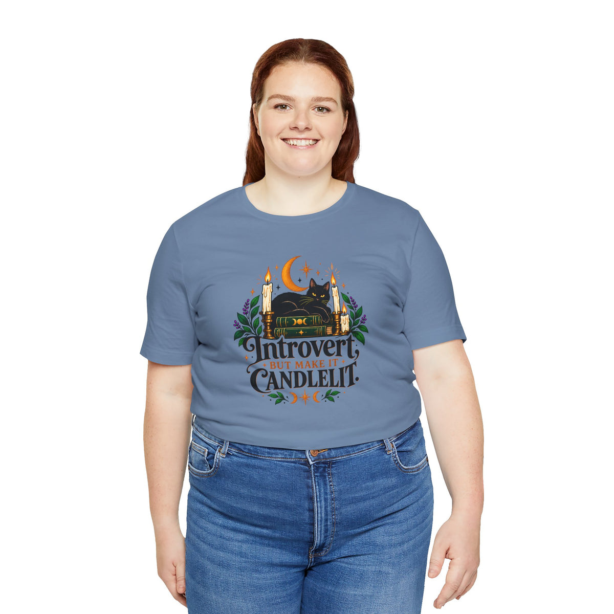 Introvert But Make It Candlelit T-shirt - Witchy Bookish Cat Tee