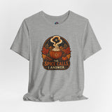 Heather gray crewneck T-shirt with large front pumpkin spice-themed graphic.
