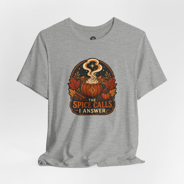 Heather gray crewneck T-shirt with large front pumpkin spice-themed graphic.