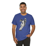 Blue crewneck t-shirt with large front print of a winged monster in a top hat