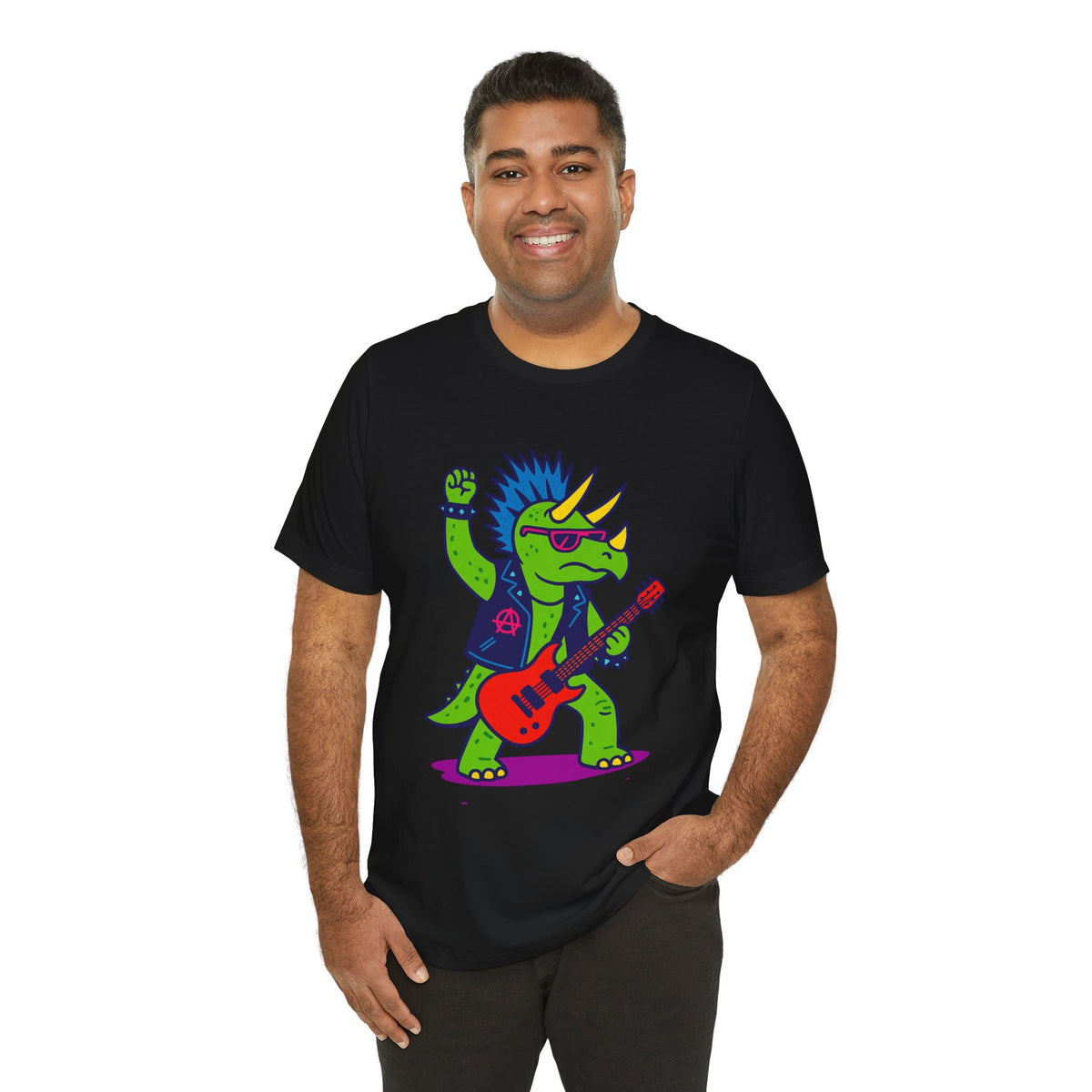 Black crewneck t-shirt with colorful punk triceratops playing red guitar graphic
