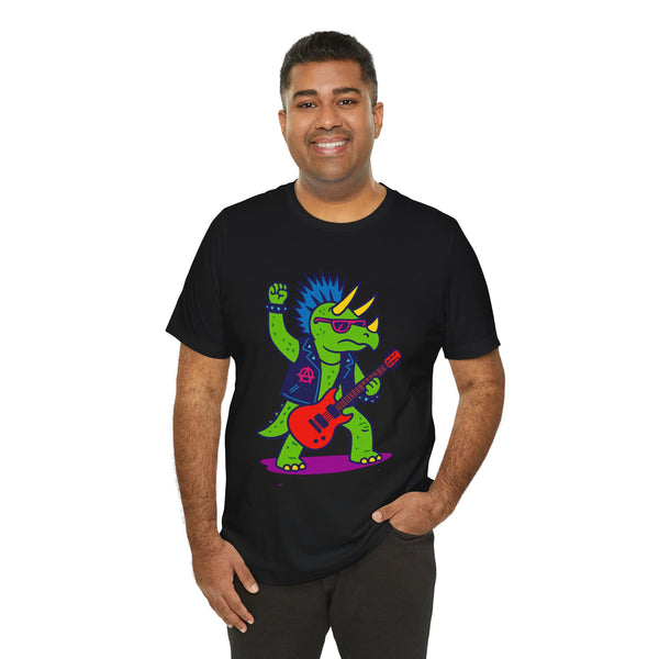 Black crewneck t-shirt with colorful punk triceratops playing red guitar graphic