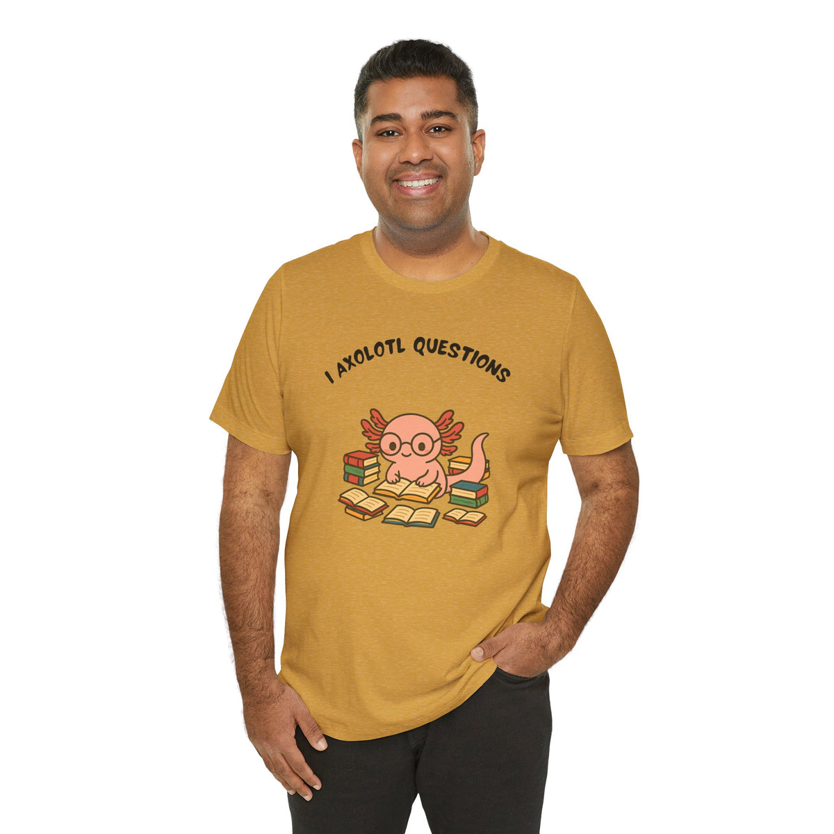 Mustard-yellow crew-neck T-shirt with colorful axolotl reading graphic on front