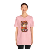 Pink crewneck T-shirt with centered “Pumpkin Spice Has Entered the Chat” design