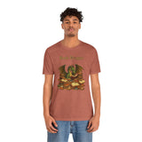 Rust brown crewneck t-shirt with centered green dragon and stacked books artwork