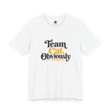 White crewneck T-shirt with 'Team Cat, Obviously' lettering graphic