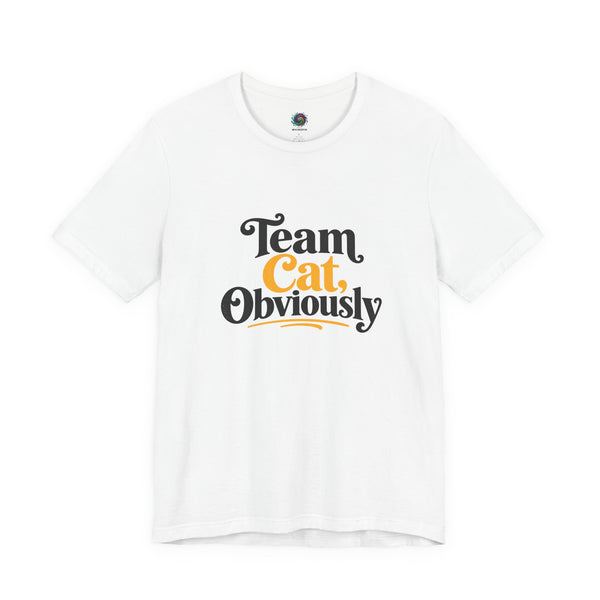 White crewneck T-shirt with 'Team Cat, Obviously' lettering graphic