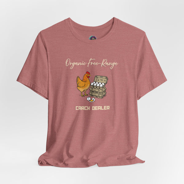 Rose mauve crew-neck T-shirt with chicken and egg graphic, short sleeves